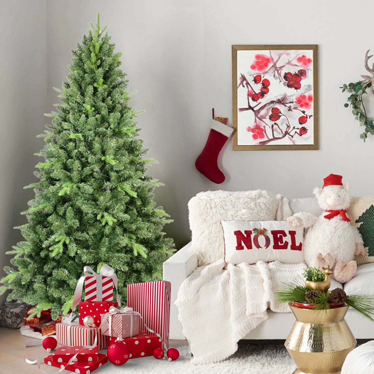 Classic Christmas Tree - PE/PVC Tips, Realistic Hinged Branches, Full Natural Look, Metal Stand - Green