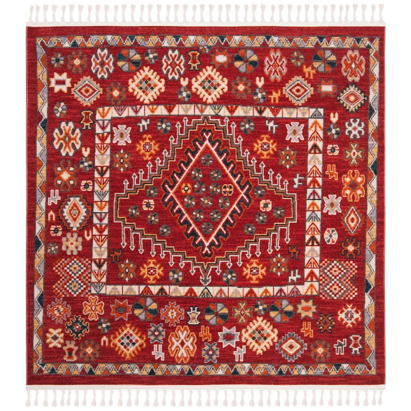 SAFAVIEH Farmhouse Gerolama Boho Tribal Polyester Rug - 6'3" Square - Red/Ivory