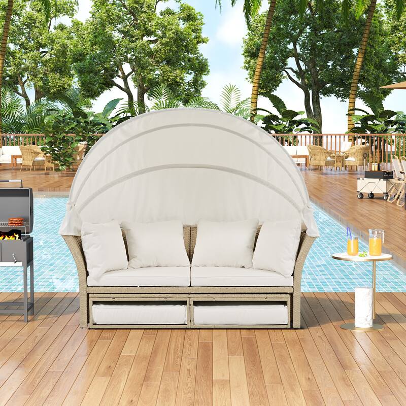 Outdoor Wicker Rattan Double Daybed with Canopy & 4 Pillows