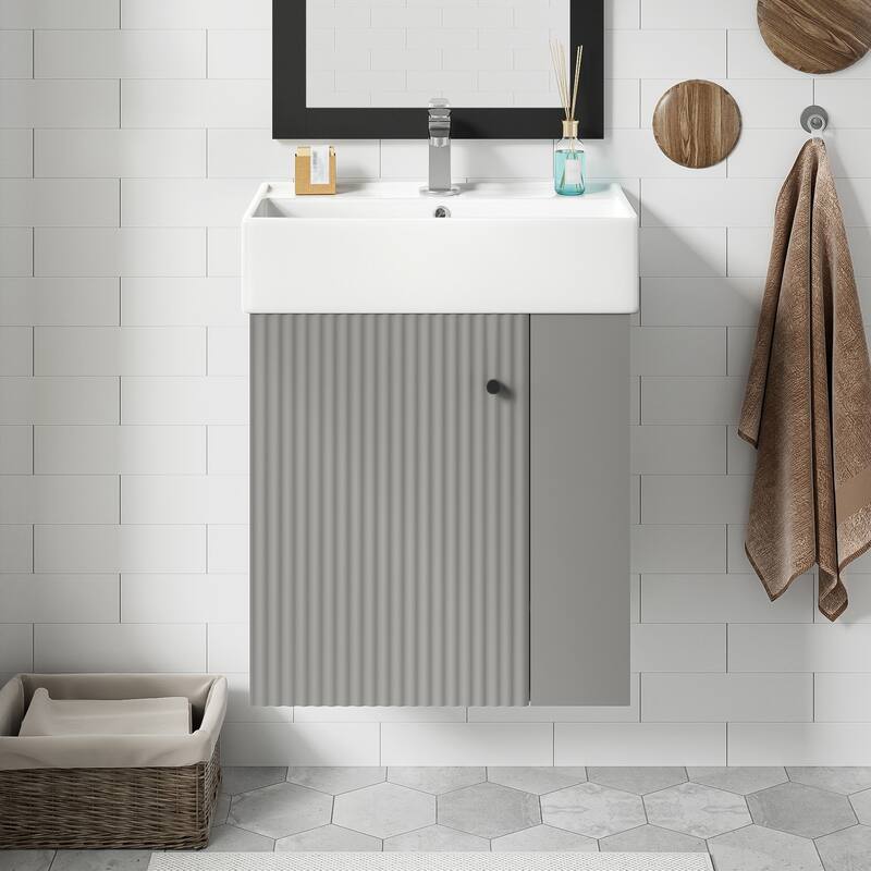 21.6 inch Modern Floating Bathroom Vanity with Ceramic Basin - Perfect for Small Bathrooms, Right Side Storage - Grey