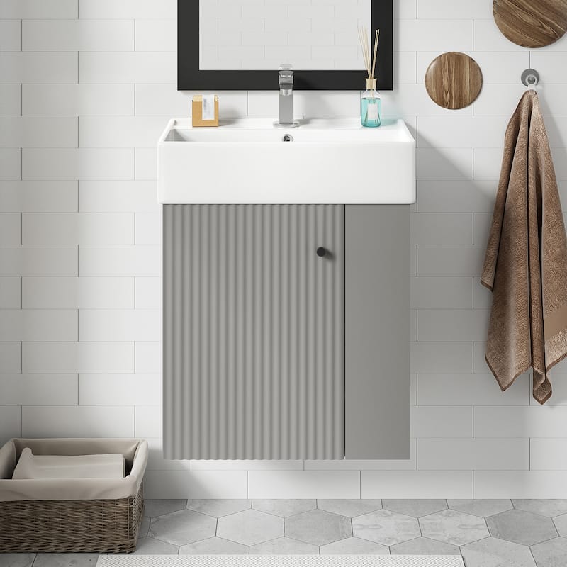 21.6 inch Modern Floating Bathroom Vanity with Ceramic Basin - Perfect for Small Bathrooms, Right side storage - Gray