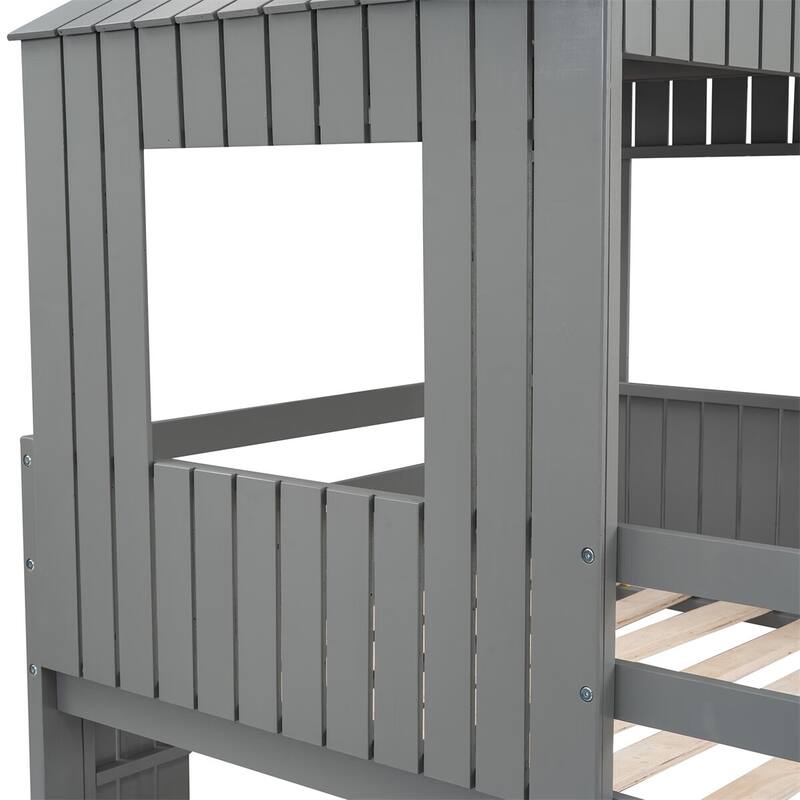 Merax Wooden Twin over Full Bunk Bed with Playhouse, Farmhouse, Ladder, Slide and Guardrails