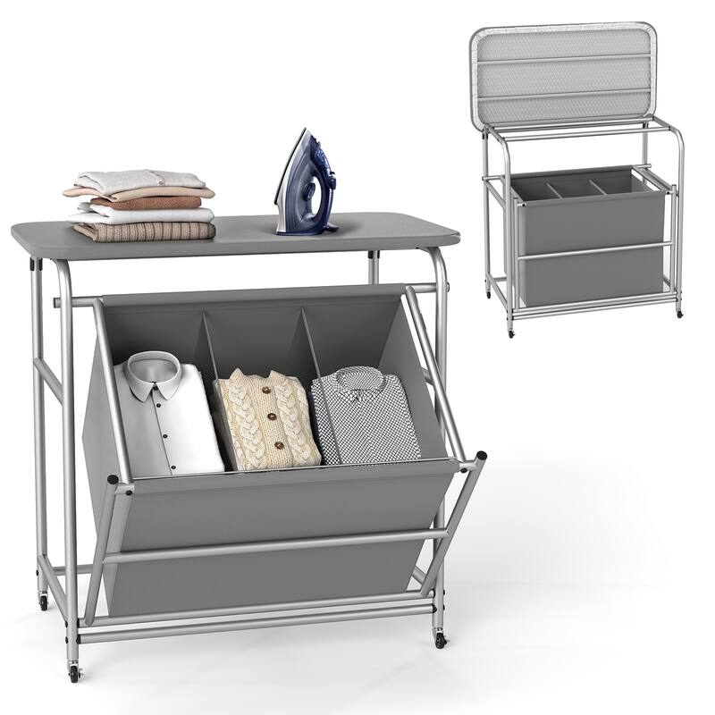 Gymax 3-Section Laundry Sorter w/ Foldable Ironing Board w/ 3 - Grey