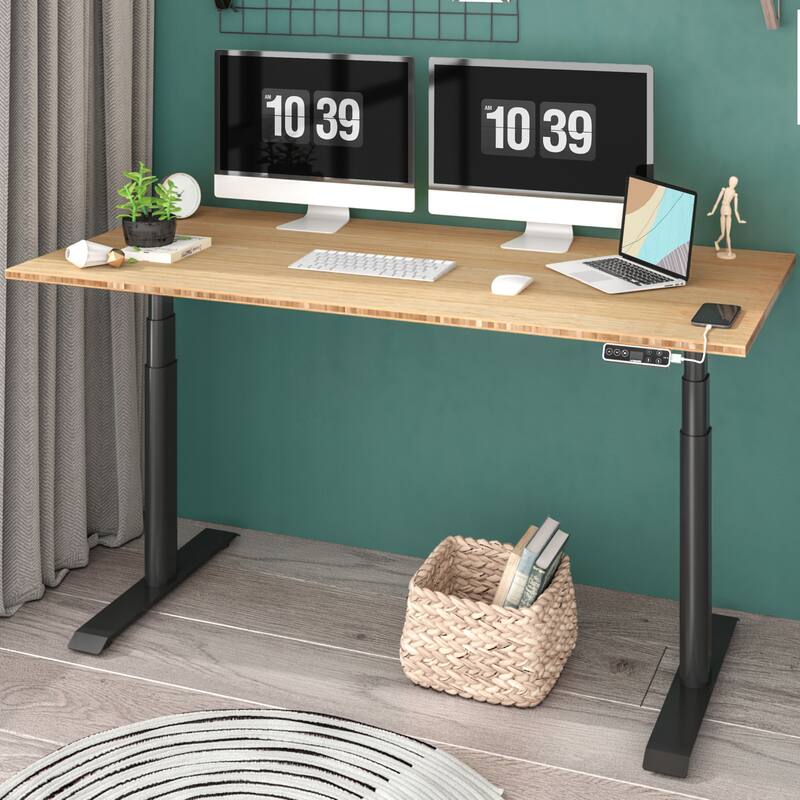 FLEXISPOT Home Office Height Adjustable Standing Desk 3-Stage Dual Motor Bamboo Rectangle Desktop