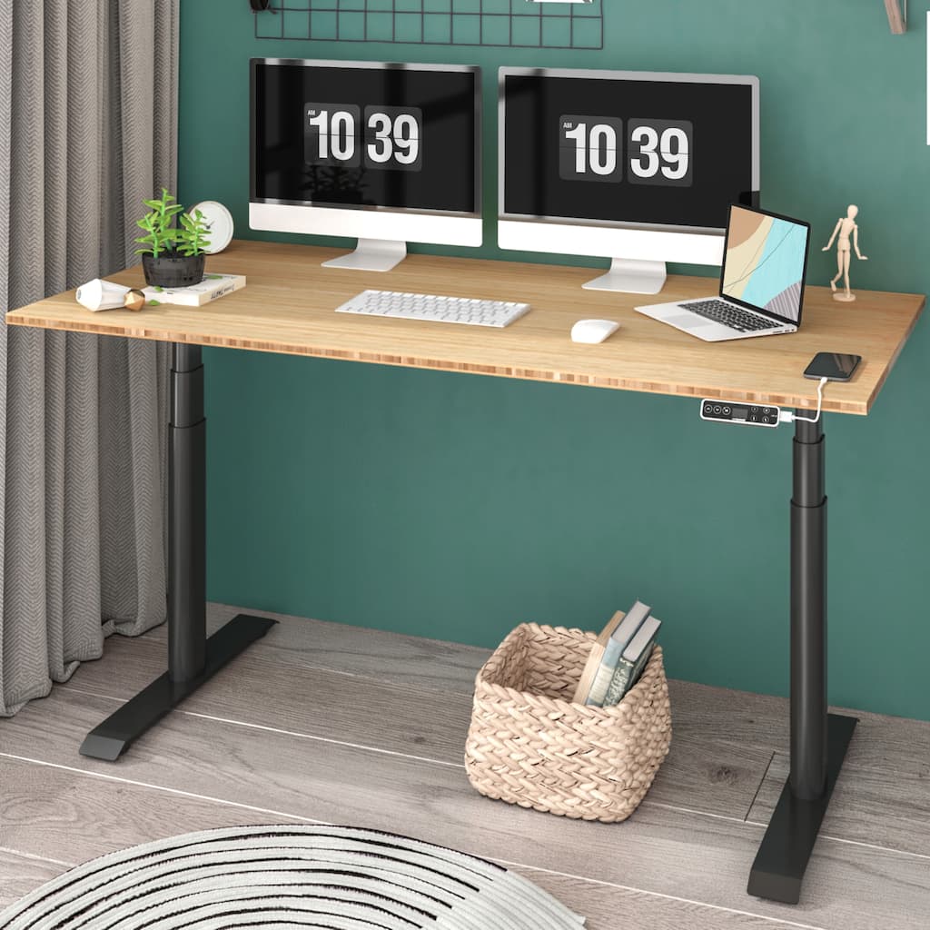 FLEXISPOT Home Office Height Adjustable Standing Desk 3-Stage Dual Motor Bamboo Rectangle Desktop