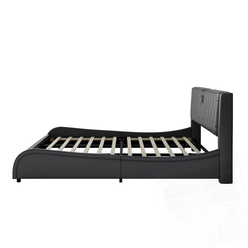 Luxurious Faux Leather Upholstered Platform Bed with Bluetooth Speakers and RGB LED Light