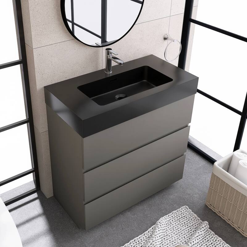 Freestanding Bathroom Vanity with Black Solid Surface Top