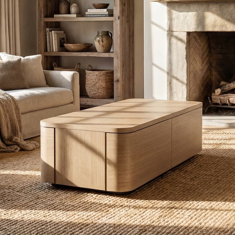 Coffee Table with Hidden Drawers, 55" Storage Coffee Table with Rounded Corners, Engineered Wood Veneer Living Room Center Table