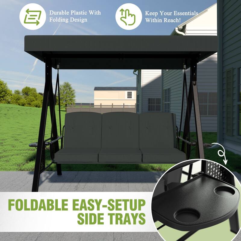 VEIKOUS 3-Seat 2-in-1 Convertible Patio Porch Swing with Adjustable Canopy Swing and Cushion