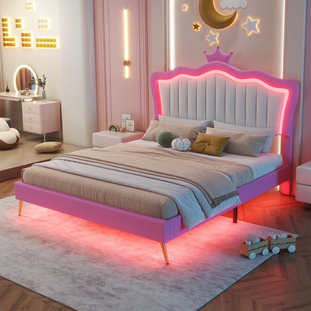 Full Size Upholstered Princess Bed with LED Lights and Crown Headboard, Pink and White
