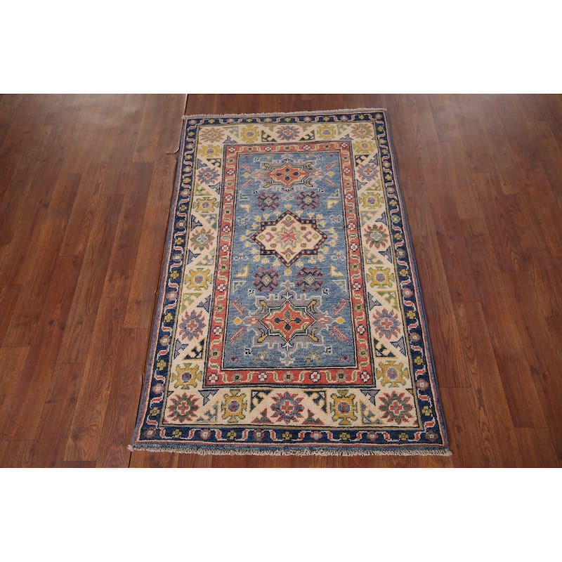 Blue Kazak Foyer Rug Handmade Floral Wool Handmade Wool Carpet - 2'7" x 4'0"