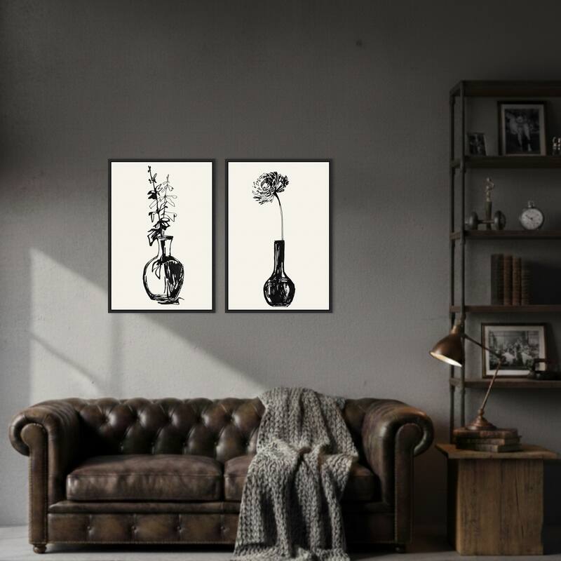 Amanti Art Flower & Leaves in a Vase Ink Sketch 2 Piece by Rosana Laiz Blursbyai Framed Canvas Wall Art