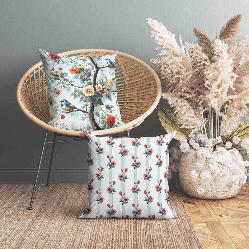 Two Birds n Flowers Faux Suede Reversible Throw Pillow Blue and Red