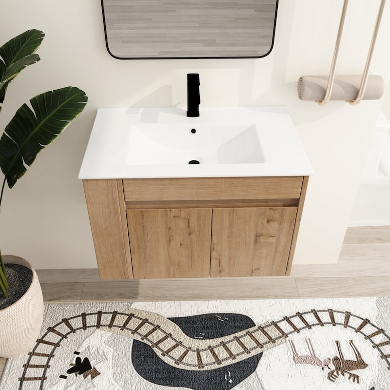 Malwee 30" Floating Bathroom Vanity, Wall Mounted Bathroom Vanity with Ceramic Sink,Soft Close Doors and Side Adjustable Shelf