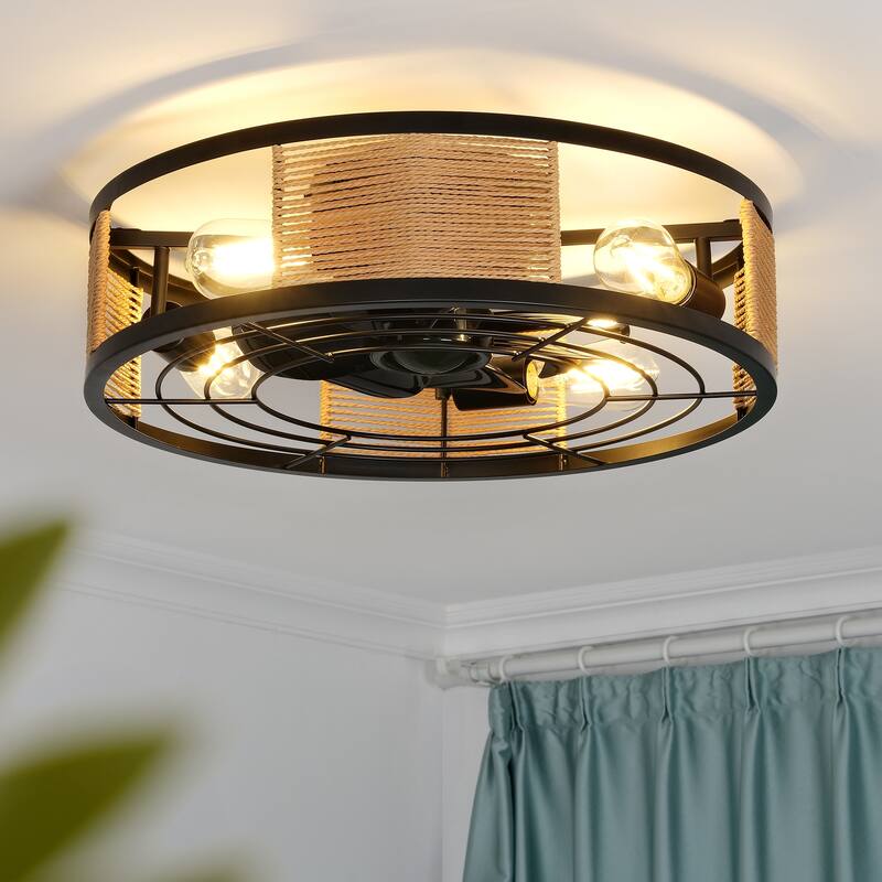 20 in. Indoor Black 100-240 V with Remote Control Rattan Cage Ceiling Fan with Light - 19.7 Inches