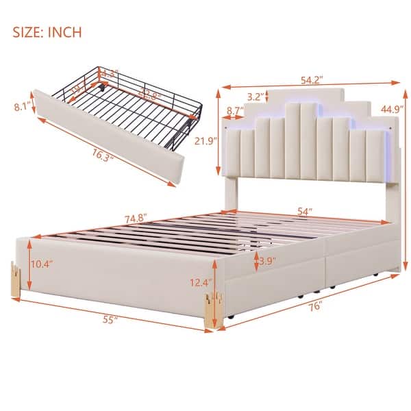 dimension image slide 5 of 6, Velvet LED Upholstered Platform Bed with RGB Lights