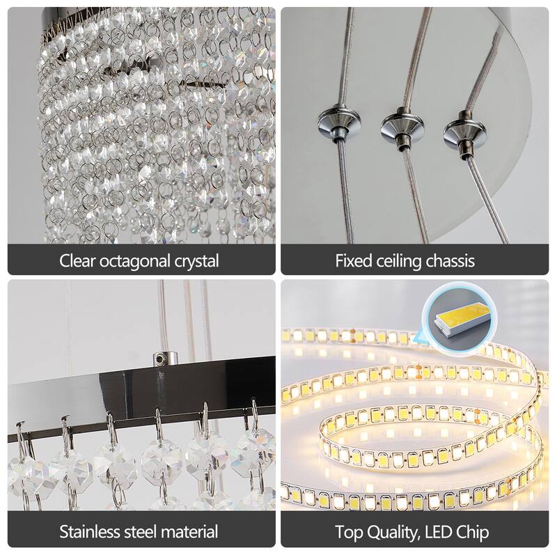 24-inch Crystal Chandelier LED Ceiling Lamp, Adjustable Color Temperature 3000K/4000K/6000K, Height Adjustable - Chrome