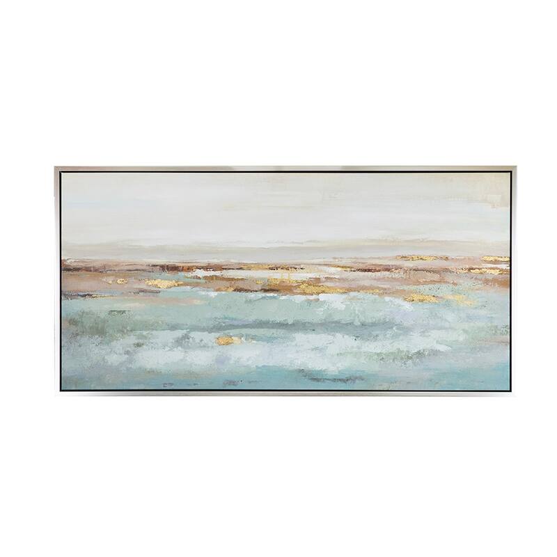 59.1x29.5x1.5" Framed Landscape Rectangle Blue and Gold Abstract Ocean Oil Painting
