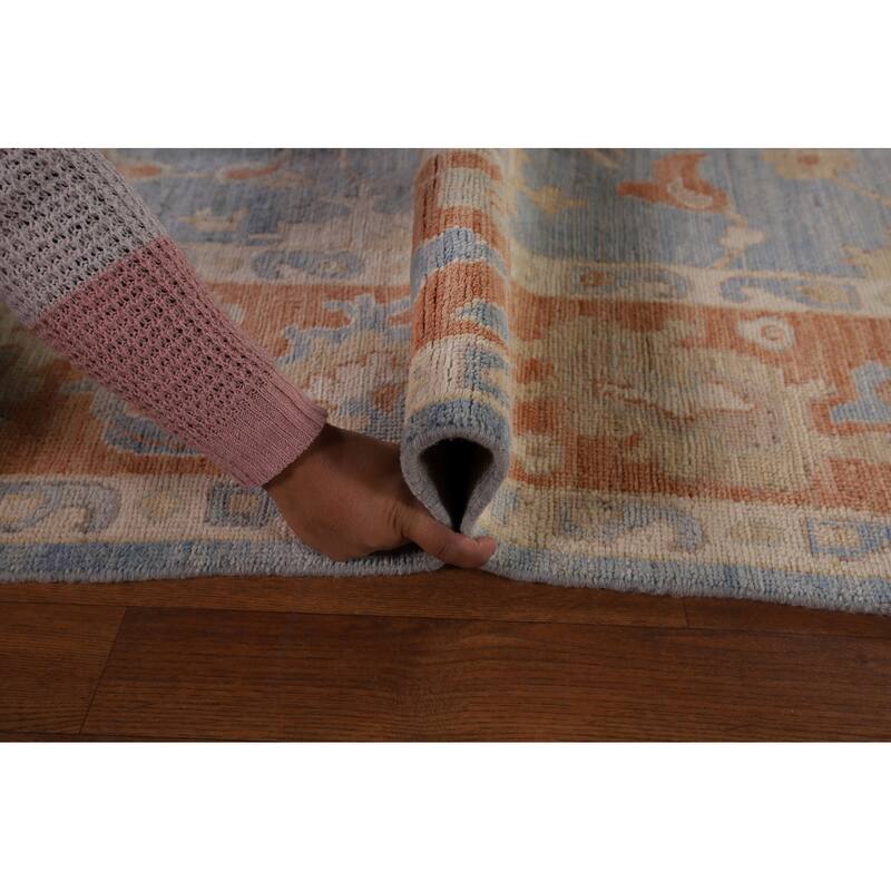 Floral Oushak Vegetable Dye Area Rug Handmade Blue Wool Carpet - 8'0" x 9'11"