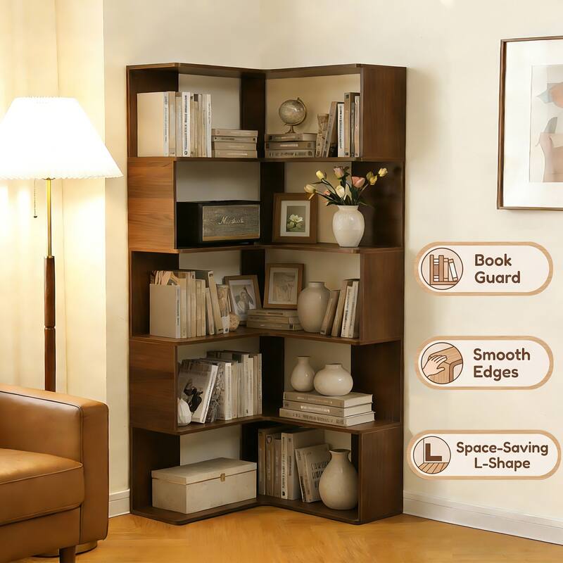 66" Tall 6-Tier Corner Bookshelf - L-Shaped Wooden Bookcase with Baffle, Freestanding Display Shelf for Living Room, Home Office