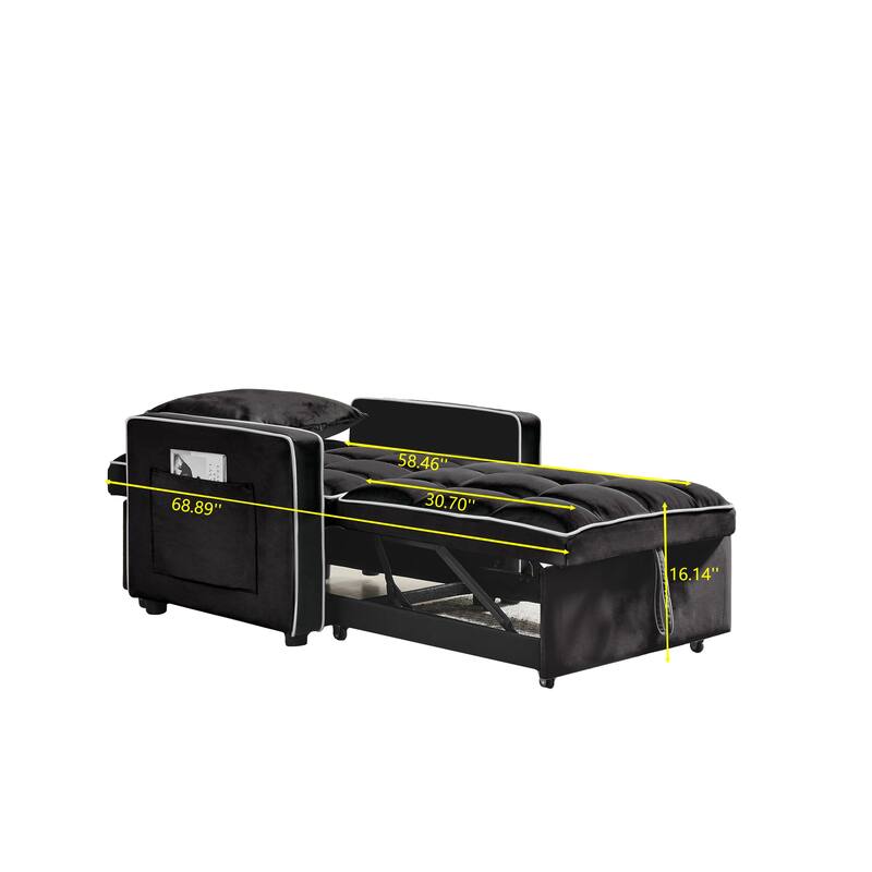 Velvet Folding Sofa Bed, Loveseat Lounge Couch With Adjustable Backrest, Side Pockets Modern Single Chair Bed