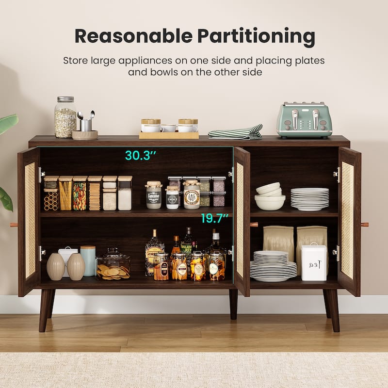 Sideboard Buffet Cabinet with 3 Rattan Doors,Modern Kitchen Storage Console Cabinet for Entryway Living Room (Small)