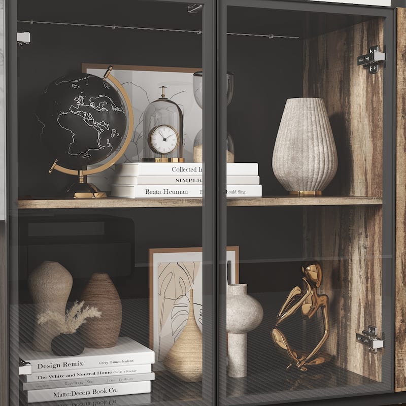 Sideboard Bookshelves Cabinet with LED Light,Glass Doors 47.2” Storage Display Cabinet - 47.2"W