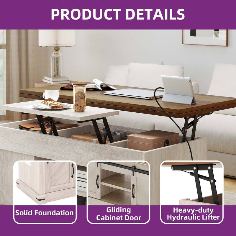 Moasis Farmhouse Lift-Top Coffee Table with Power Outlets, Center Dining Table with Hidden Storage