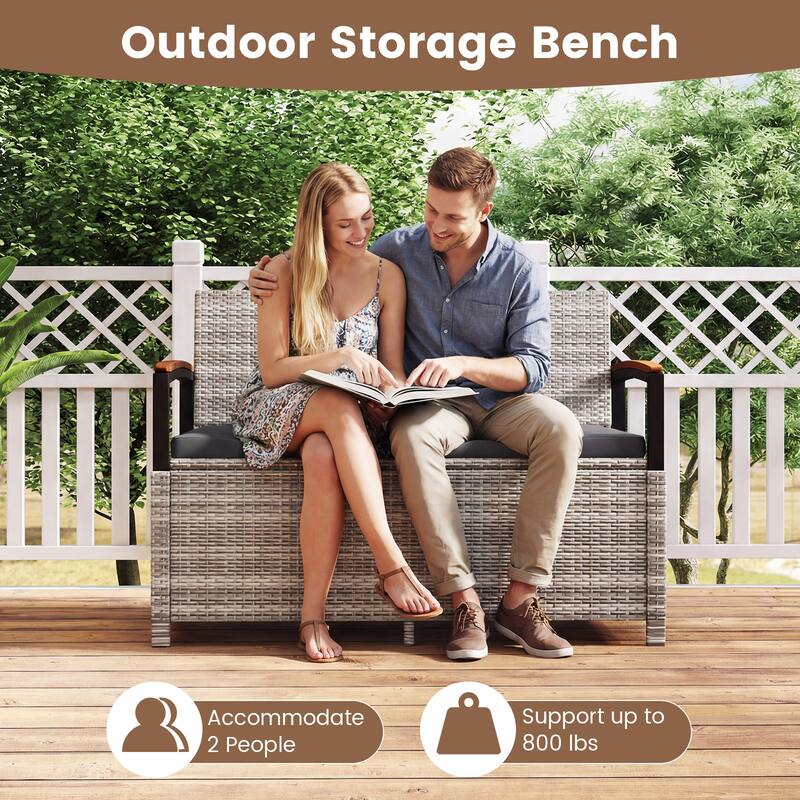 Gymax Outdoor Storage Bench w/Cushion Backrest & Acacia Wood Armrests