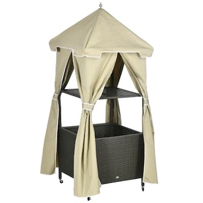 Outdoor Rolling Towel Valet Caddy with Canopy PE Rattan Storage Rack for Pool Patio Bathroom - 34.25" L x 31" W x 78.75" H