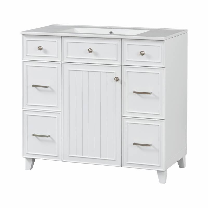36" Bathroom Vanity with Ceramic Sink, Blue, Solid Wood Frame, Soft-Close Doors, Adjustable Shelves