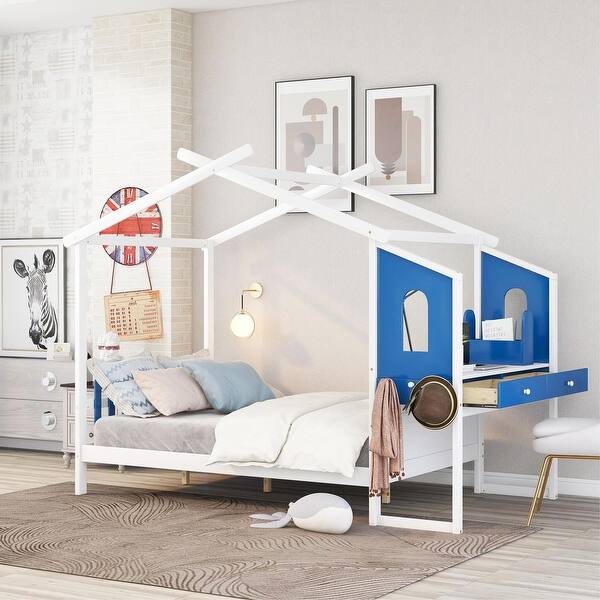 slide 2 of 6, Full Size Platform Bed with Separate Storage Pen Case, Built-in Desk and Two Drawers White