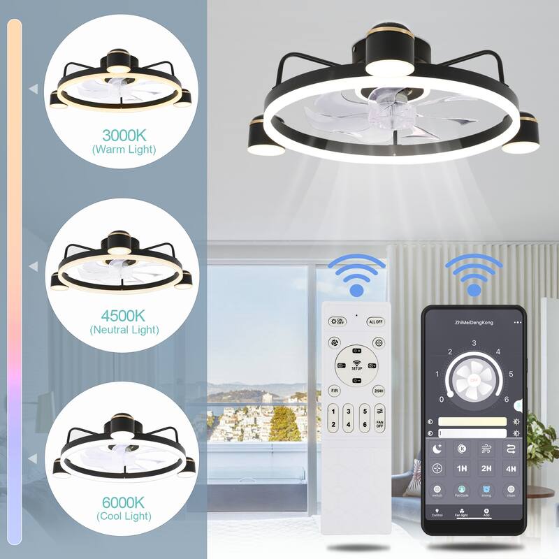 28" Oaks Aura LED Starry Night Smart App Control Low Profile Ceiling Fan Flush Mount Dimmable Lighting