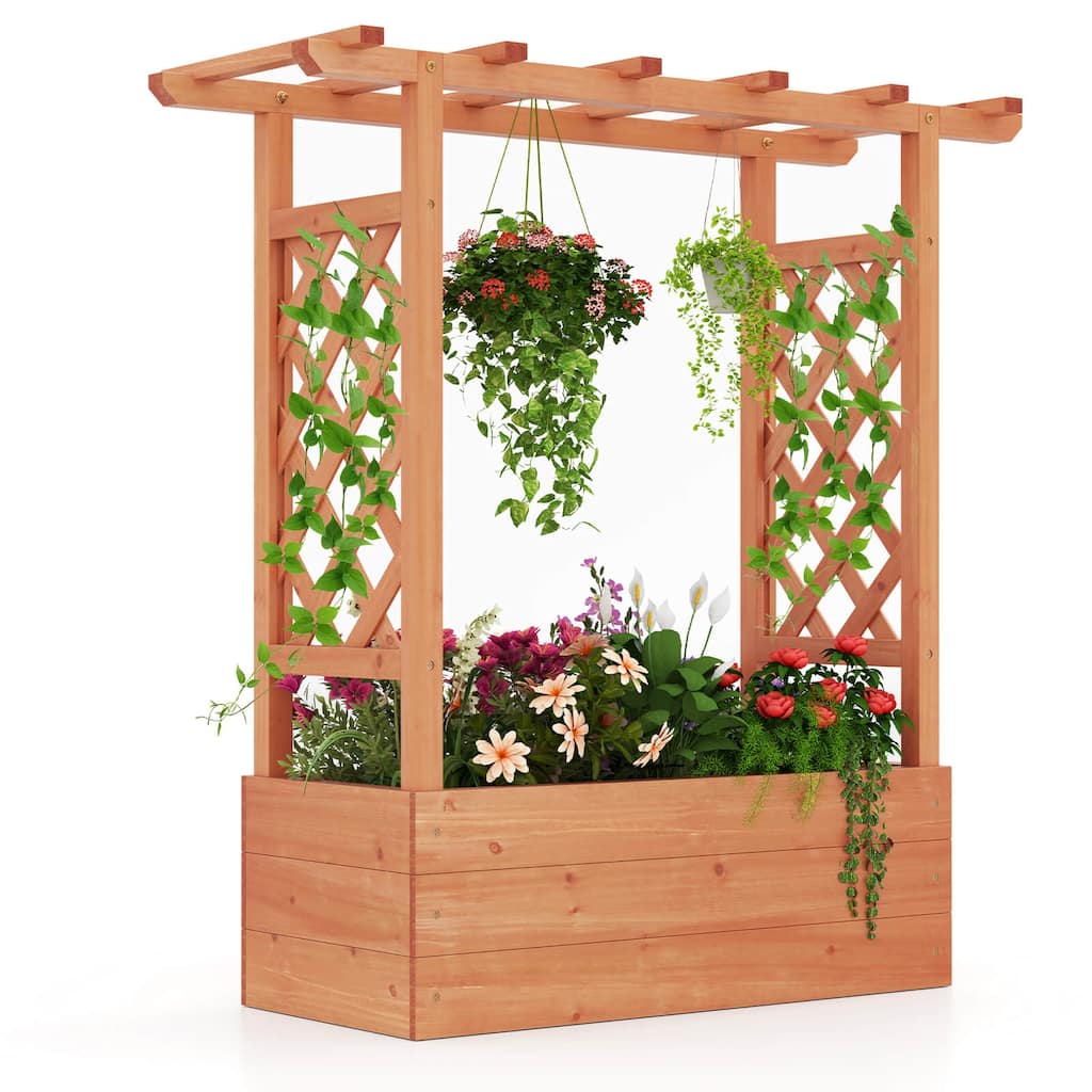 Costway 1/2 PCS Wooden Raised Garden Bed with Trellis & Hanging Roof