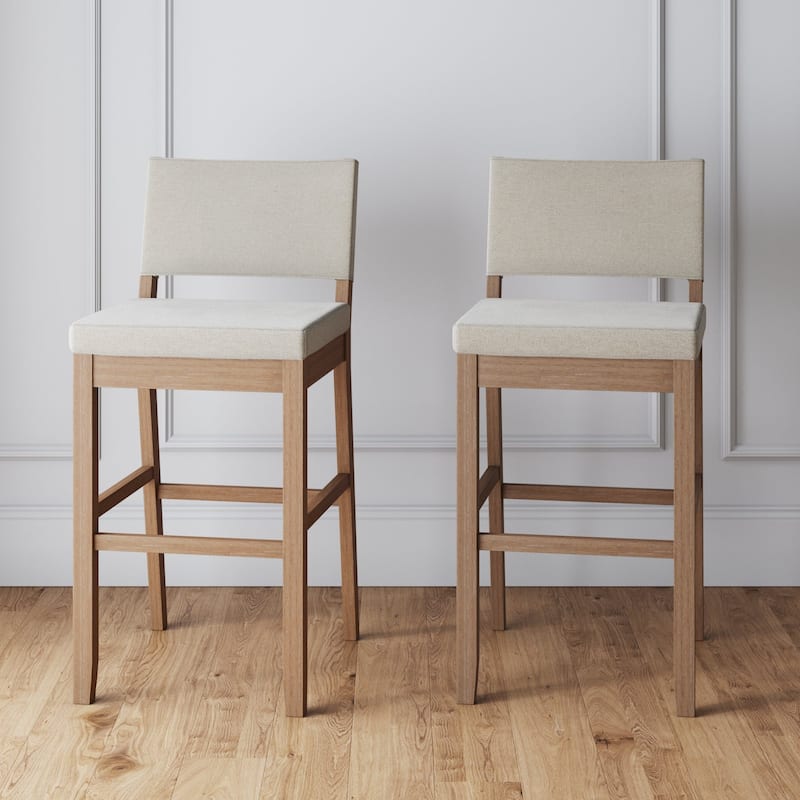Nathan James Linus Modern Upholstered Bar Stool with Back and Solid Rubberwood Legs - Set of 2 - Natural Flax/Brown - Bar Height