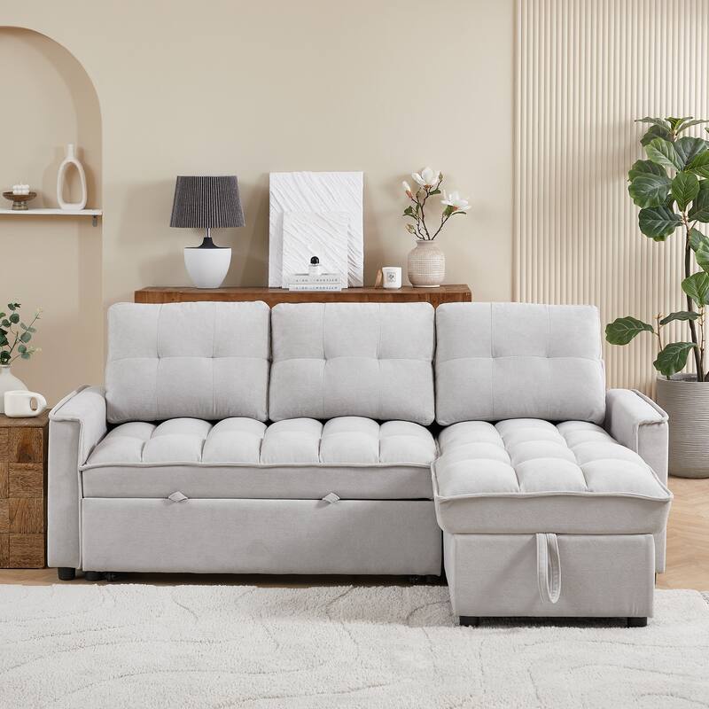 L-Shaped Reclining Sofa with Pull-Out Bed, USB Charging Ports and Storage, Arm Side Organizer for Living Room Comfort