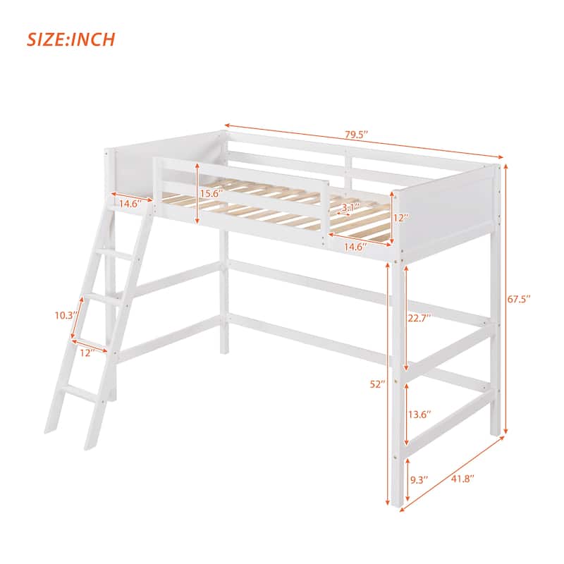 Solid Wood Twin Size Loft Bed with Safety Features