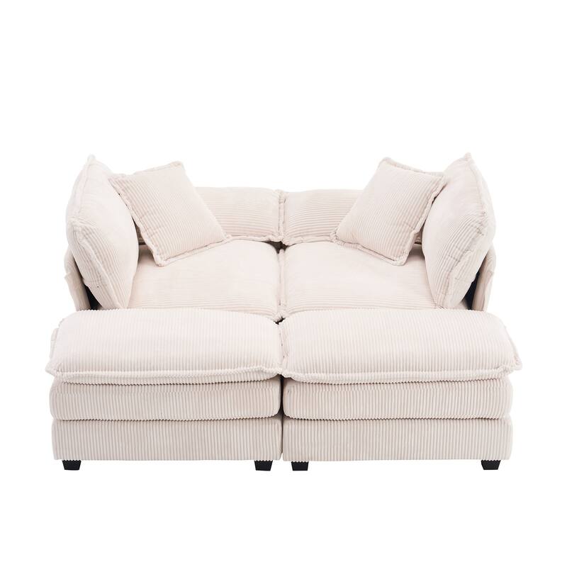 84.6" Corduroy 2-seats sofa With 2 back pillows,2 toss pillows and two ottoman