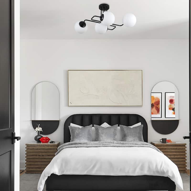 Mid - Century Modern 4 - Light Chandelier, Brass Frame with Glass Globes
