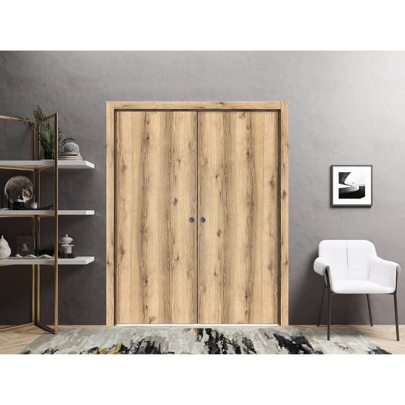 Sliding French Double Pocket Doors 36 x 80 inches | Planum 0010 Oak | Kit Trims Rail Hardware