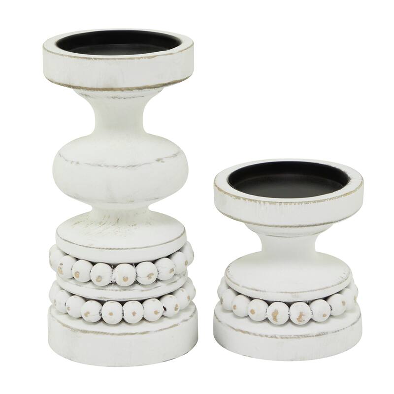 Brown or White Wood Beaded Pillar Candle Holder (Set of 2)