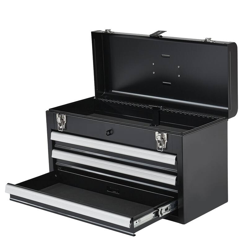 20.5 Inch Black Metal Portable Toolbox with 3 Drawers and Built In Lock Hole - 20.5 x 8.6 x 12 in