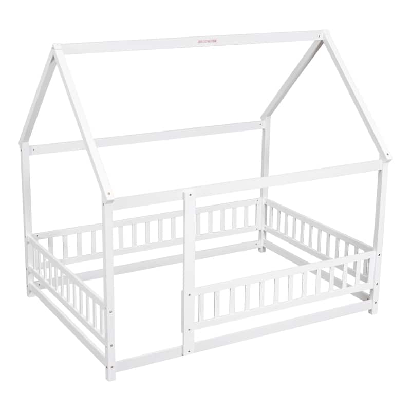 Floor Wooden Bed with House Roof Frame, Fence Guardrails