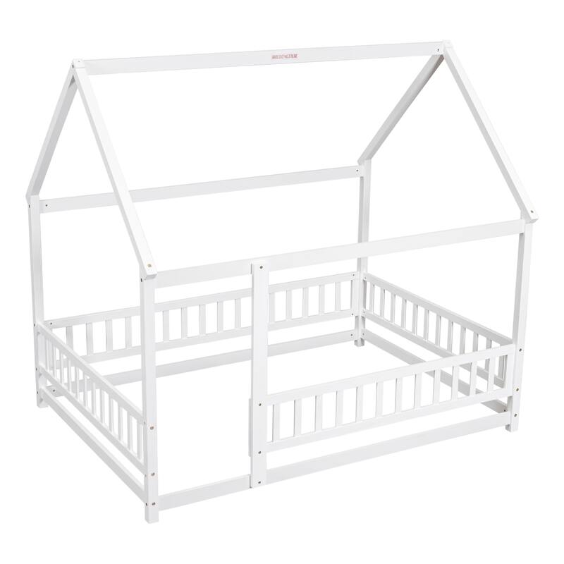 Full Size Wooden Floor Bed with House Roof Frame, Fence Guardrails for Kids, Bedroom
