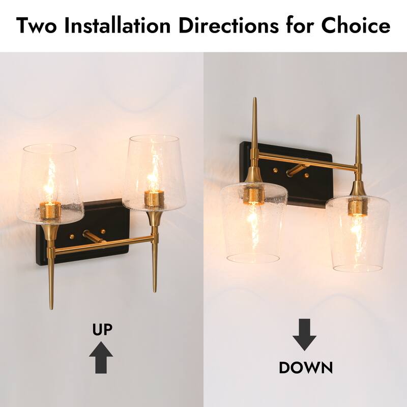 Kahlil Modern Black Gold 2-Light Bathroom Vanity Light Dimmable Wine Glass Wall Sconces - 13.5"L X 6.5"W X 12"H