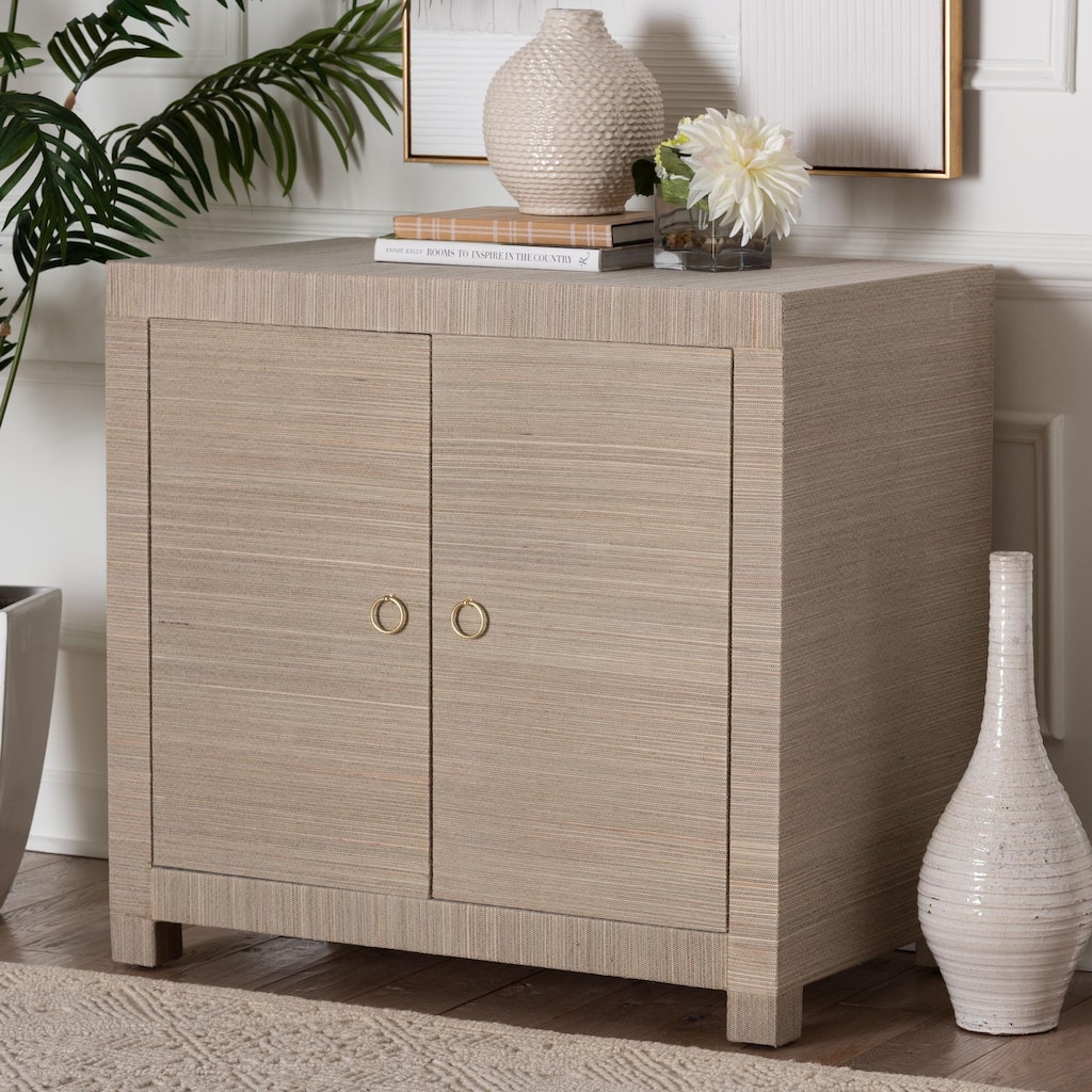Halen Natural Grasscloth Storage Cabinet - Two-Door Console Storage Solution with Gold Ring Pulls, Modern Coastal Organizer