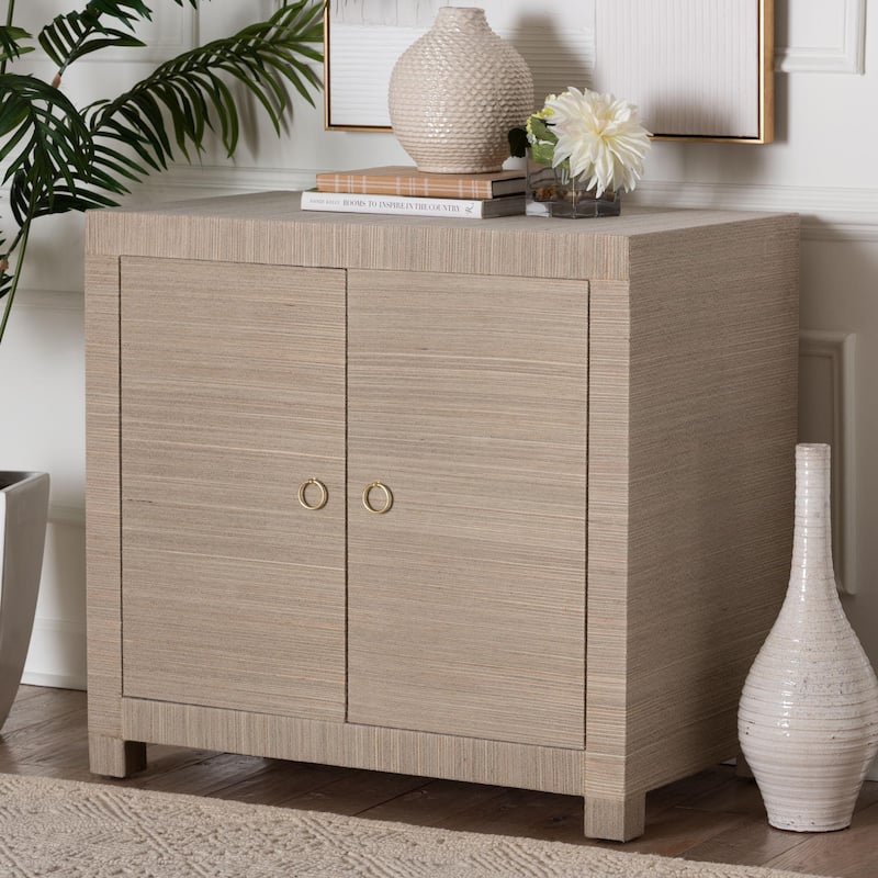 Halen Natural Grasscloth Storage Cabinet - Two-Door Console Storage Solution with Gold Ring Pulls, Modern Coastal Organizer