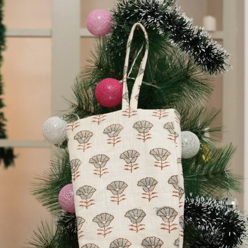 Fabdivine Handmade Floral Christmas Stockings Linen Block Print Décor - 10"X4.5"