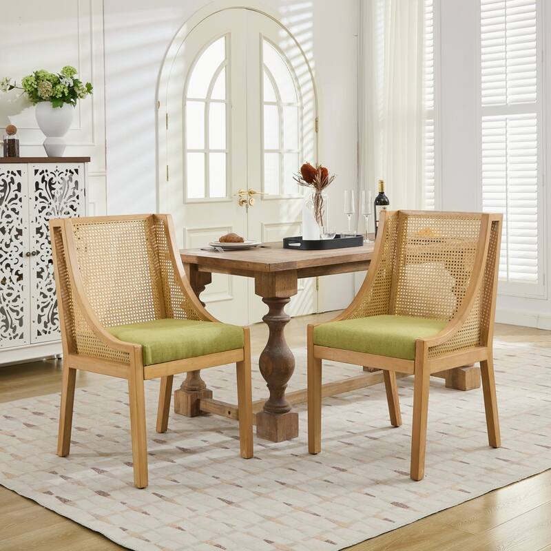 Rattan Dining Chairs, Solid Wood Frame with Decorative Armrests, Upholstered Seat, Rustic Wooden Style Side Chairs,Single Pack