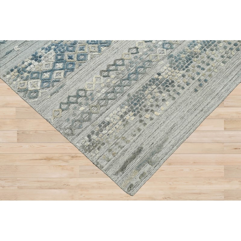 Hand Knotted Textured Gray,Blue Tibetan Wool Modern Oriental Area Rug - 6' x 8' 11''